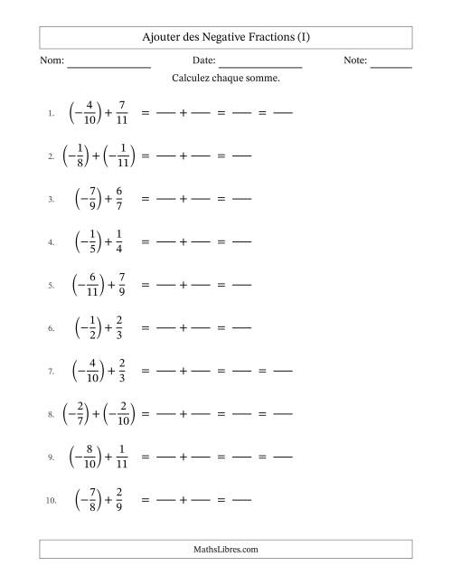 Ajouter des fractions propres négatives avec dénominateurs différents jusqu'aux douzièmes, résultats sous fractions propres et quelque simplification (Remplissable) (I)