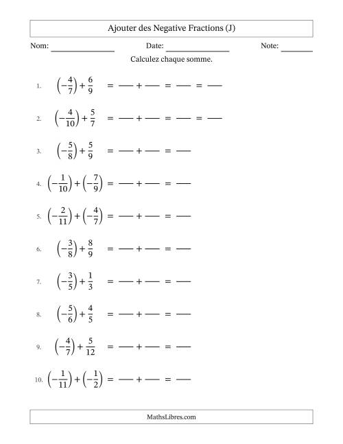 Ajouter des fractions propres négatives avec dénominateurs différents jusqu'aux douzièmes, résultats sous fractions propres et quelque simplification (Remplissable) (J)