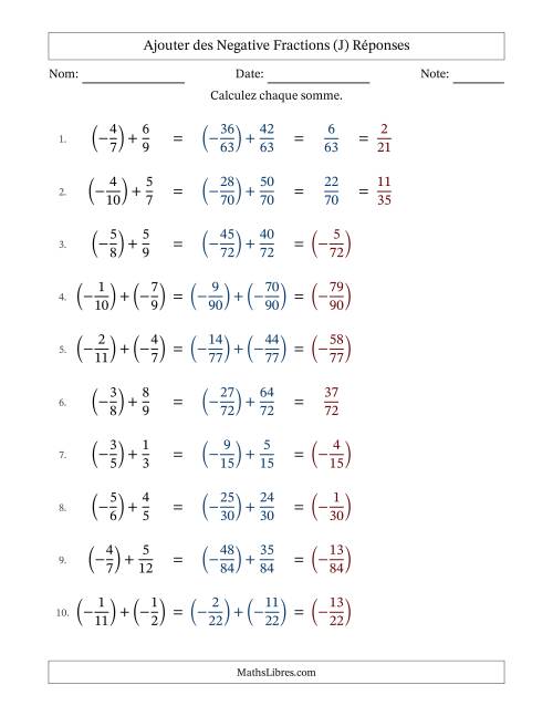 Ajouter des fractions propres négatives avec dénominateurs différents jusqu'aux douzièmes, résultats sous fractions propres et quelque simplification (Remplissable) (J) page 2