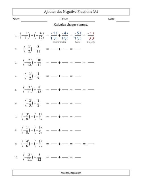 Ajouter des fractions propres négatives avec dénominateurs différents jusqu'aux douzièmes, résultats sous fractions propres et quelque simplification (Remplissable) (Tout)