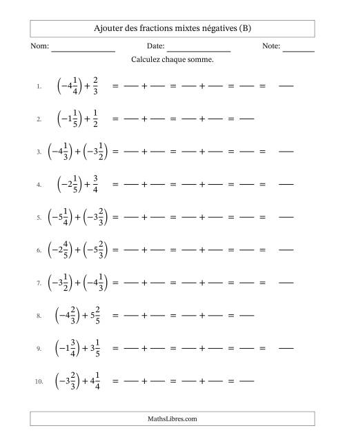 Ajouter des fractions mixtes négatives avec dénominateurs différents jusqu'aux sixièmes, résultats sous fractions mixtes et sans simplification (Remplissable) (B)