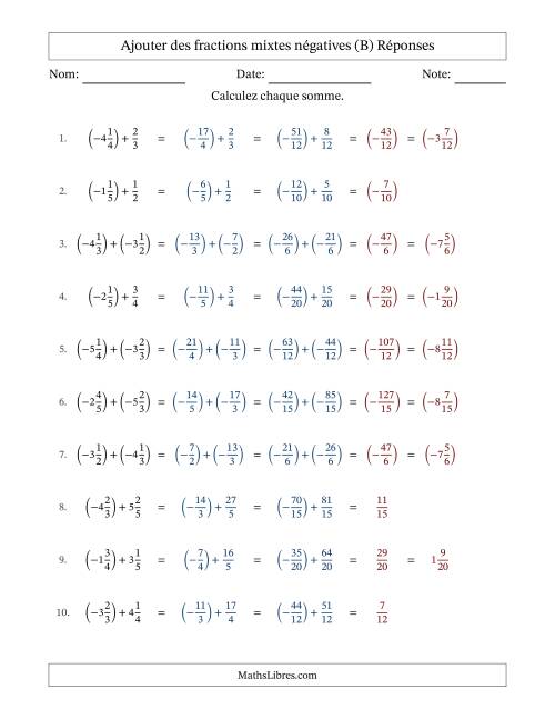 Ajouter des fractions mixtes négatives avec dénominateurs différents jusqu'aux sixièmes, résultats sous fractions mixtes et sans simplification (Remplissable) (B) page 2