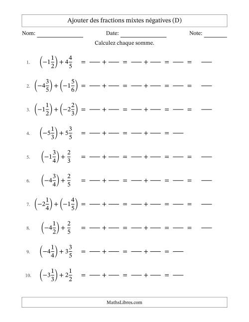 Ajouter des fractions mixtes négatives avec dénominateurs différents jusqu'aux sixièmes, résultats sous fractions mixtes et sans simplification (Remplissable) (D)