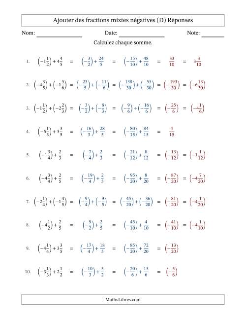 Ajouter des fractions mixtes négatives avec dénominateurs différents jusqu'aux sixièmes, résultats sous fractions mixtes et sans simplification (Remplissable) (D) page 2