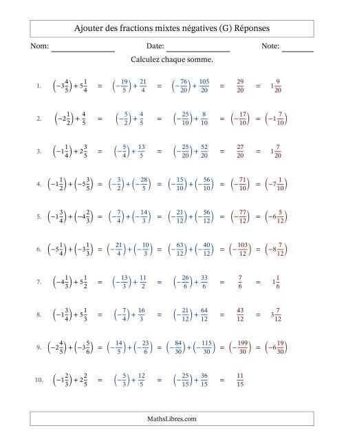 Ajouter des fractions mixtes négatives avec dénominateurs différents jusqu'aux sixièmes, résultats sous fractions mixtes et sans simplification (Remplissable) (G) page 2