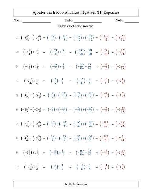 Ajouter des fractions mixtes négatives avec dénominateurs différents jusqu'aux sixièmes, résultats sous fractions mixtes et sans simplification (Remplissable) (H) page 2