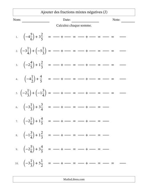 Ajouter des fractions mixtes négatives avec dénominateurs différents jusqu'aux sixièmes, résultats sous fractions mixtes et sans simplification (Remplissable) (J)