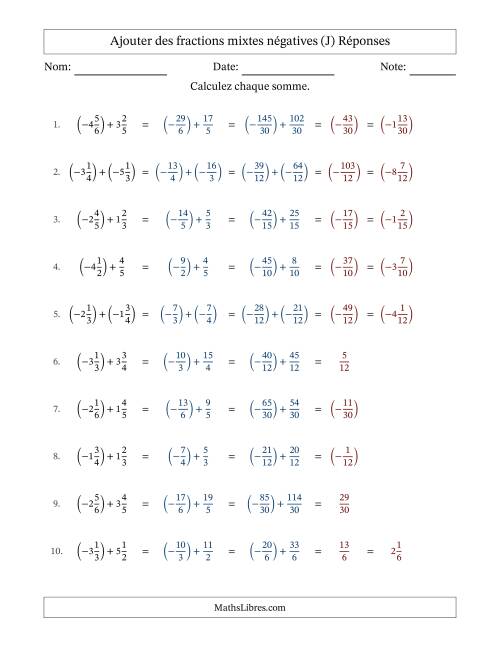 Ajouter des fractions mixtes négatives avec dénominateurs différents jusqu'aux sixièmes, résultats sous fractions mixtes et sans simplification (Remplissable) (J) page 2