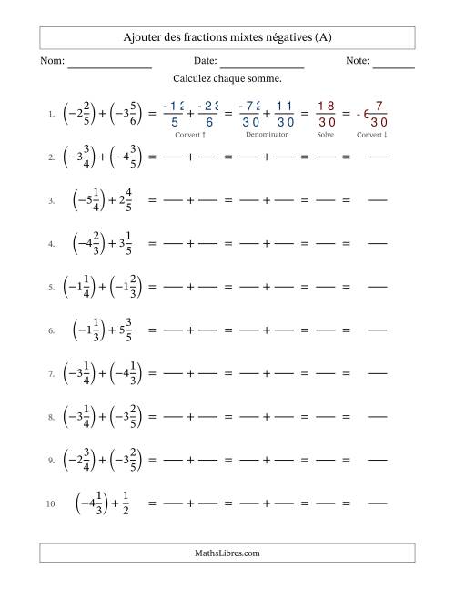 Ajouter des fractions mixtes négatives avec dénominateurs différents jusqu'aux sixièmes, résultats sous fractions mixtes et sans simplification (Remplissable) (Tout)