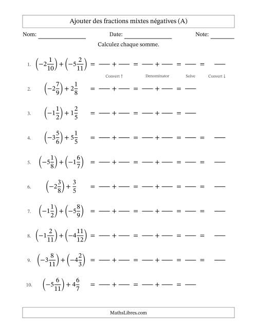Ajouter des fractions mixtes négatives avec dénominateurs différents jusqu'aux douzièmes, résultats sous fractions mixtes et sans simplification (Remplissable) (A)