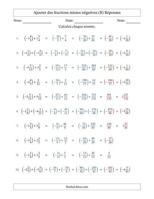 Ajouter des fractions mixtes négatives avec dénominateurs différents jusqu'aux douzièmes, résultats sous fractions mixtes et sans simplification (Remplissable) (B) page 2