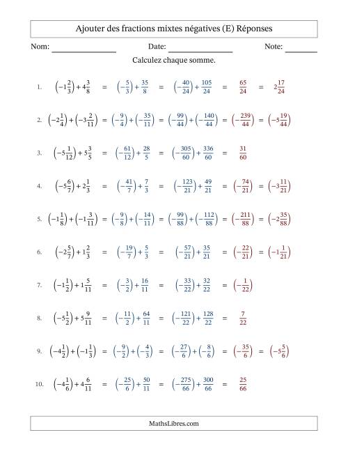 Ajouter des fractions mixtes négatives avec dénominateurs différents jusqu'aux douzièmes, résultats sous fractions mixtes et sans simplification (Remplissable) (E) page 2