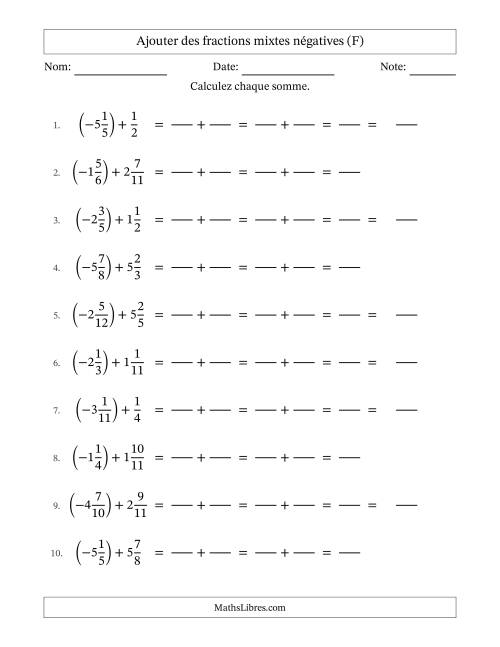Ajouter des fractions mixtes négatives avec dénominateurs différents jusqu'aux douzièmes, résultats sous fractions mixtes et sans simplification (Remplissable) (F)