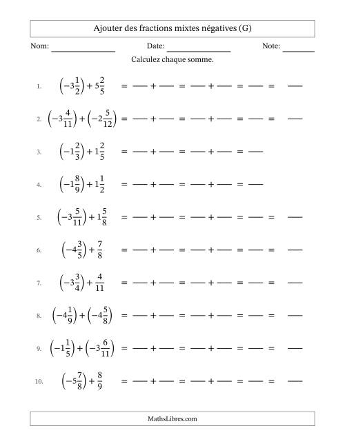 Ajouter des fractions mixtes négatives avec dénominateurs différents jusqu'aux douzièmes, résultats sous fractions mixtes et sans simplification (Remplissable) (G)
