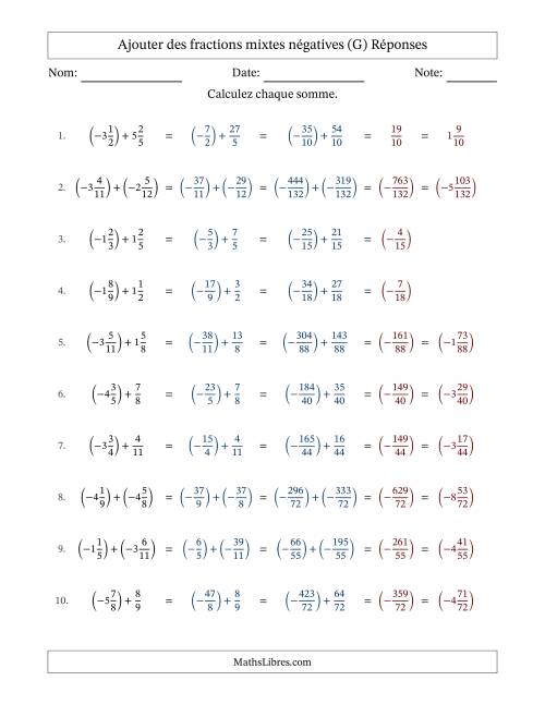 Ajouter des fractions mixtes négatives avec dénominateurs différents jusqu'aux douzièmes, résultats sous fractions mixtes et sans simplification (Remplissable) (G) page 2