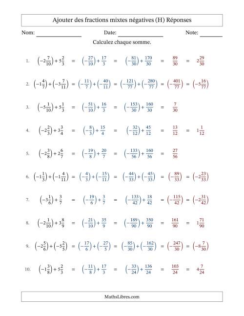 Ajouter des fractions mixtes négatives avec dénominateurs différents jusqu'aux douzièmes, résultats sous fractions mixtes et sans simplification (Remplissable) (H) page 2