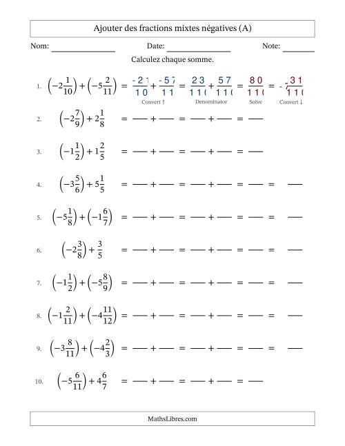 Ajouter des fractions mixtes négatives avec dénominateurs différents jusqu'aux douzièmes, résultats sous fractions mixtes et sans simplification (Remplissable) (Tout)