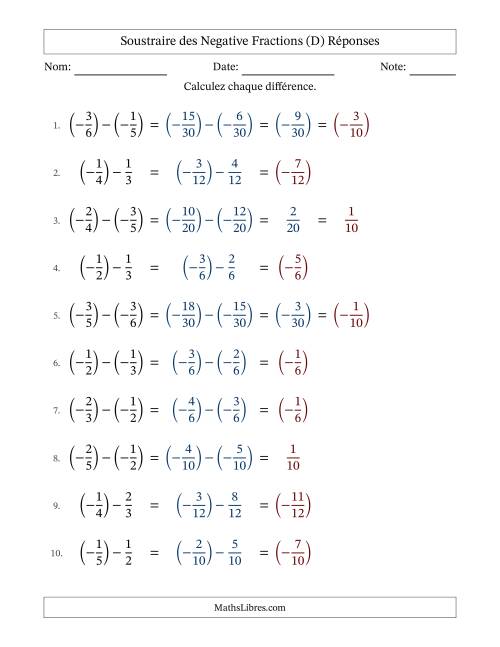 Soustraire des fractions propres négatives avec dénominateurs différents jusqu'aux sixièmes, résultats sous fractions propres et quelque simplification (Remplissable) (D) page 2