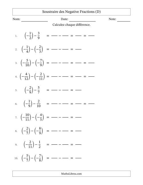 Soustraire des fractions propres négatives avec dénominateurs différents jusqu'aux douzièmes, résultats sous fractions propres et quelque simplification (Remplissable) (D)