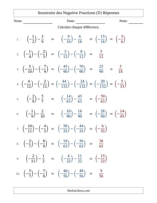 Soustraire des fractions propres négatives avec dénominateurs différents jusqu'aux douzièmes, résultats sous fractions propres et quelque simplification (Remplissable) (D) page 2