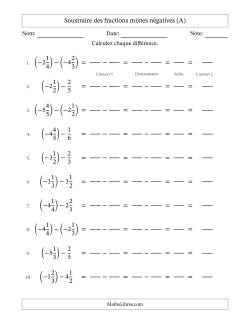 Soustraire des fractions mixtes négatives avec dénominateurs différents jusqu'aux sixièmes, résultats sous fractions mixtes et sans simplification (Remplissable)