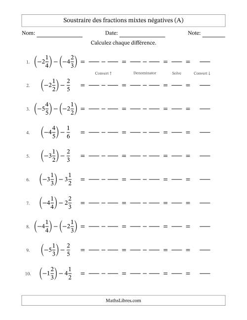 Soustraire des fractions mixtes négatives avec dénominateurs différents jusqu'aux sixièmes, résultats sous fractions mixtes et sans simplification (Remplissable) (A)