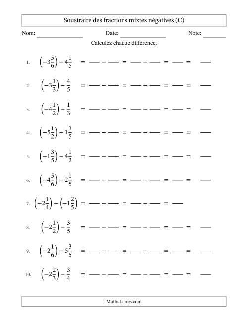 Soustraire des fractions mixtes négatives avec dénominateurs différents jusqu'aux sixièmes, résultats sous fractions mixtes et sans simplification (Remplissable) (C)
