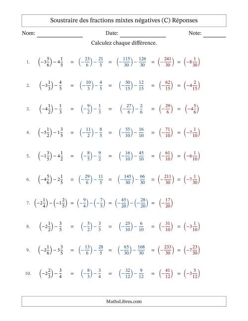 Soustraire des fractions mixtes négatives avec dénominateurs différents jusqu'aux sixièmes, résultats sous fractions mixtes et sans simplification (Remplissable) (C) page 2