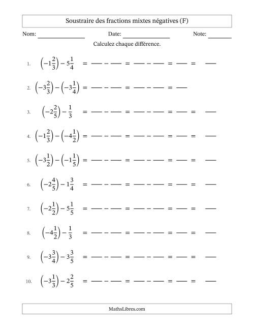 Soustraire des fractions mixtes négatives avec dénominateurs différents jusqu'aux sixièmes, résultats sous fractions mixtes et sans simplification (Remplissable) (F)
