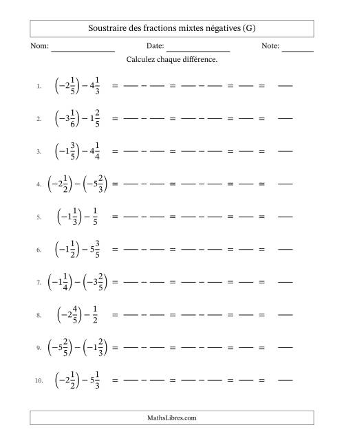 Soustraire des fractions mixtes négatives avec dénominateurs différents jusqu'aux sixièmes, résultats sous fractions mixtes et sans simplification (Remplissable) (G)