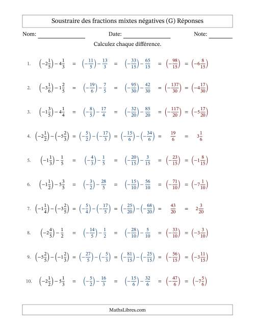 Soustraire des fractions mixtes négatives avec dénominateurs différents jusqu'aux sixièmes, résultats sous fractions mixtes et sans simplification (Remplissable) (G) page 2