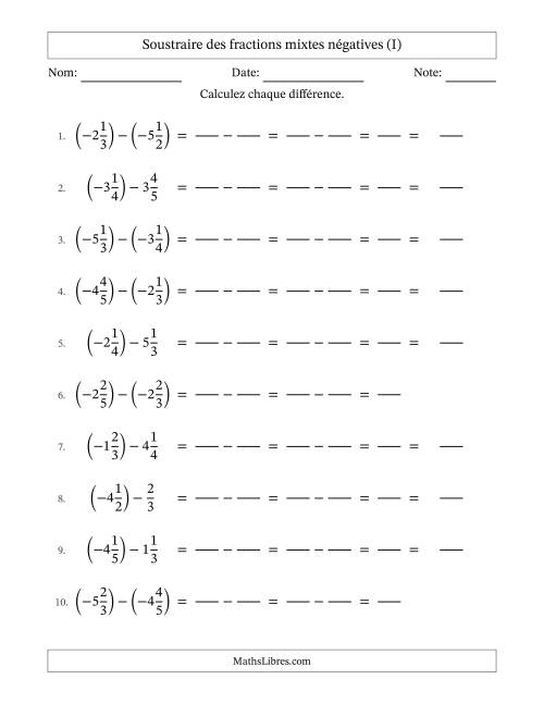 Soustraire des fractions mixtes négatives avec dénominateurs différents jusqu'aux sixièmes, résultats sous fractions mixtes et sans simplification (Remplissable) (I)