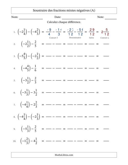 Soustraire des fractions mixtes négatives avec dénominateurs différents jusqu'aux sixièmes, résultats sous fractions mixtes et sans simplification (Remplissable) (Tout)