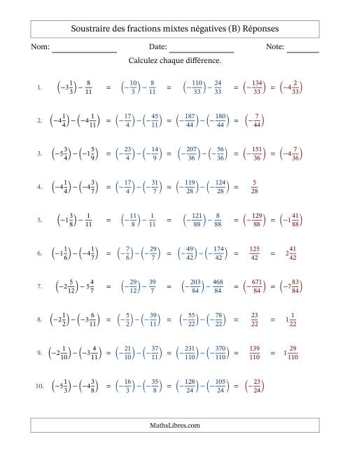 Soustraire des fractions mixtes négatives avec dénominateurs différents jusqu'aux douzièmes, résultats sous fractions mixtes et sans simplification (Remplissable) (B) page 2