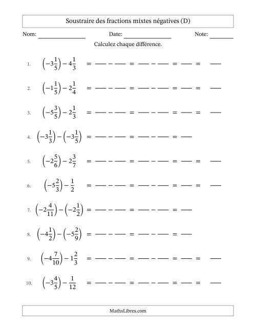 Soustraire des fractions mixtes négatives avec dénominateurs différents jusqu'aux douzièmes, résultats sous fractions mixtes et sans simplification (Remplissable) (D)