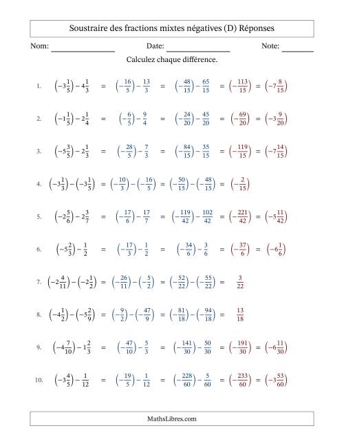 Soustraire des fractions mixtes négatives avec dénominateurs différents jusqu'aux douzièmes, résultats sous fractions mixtes et sans simplification (Remplissable) (D) page 2