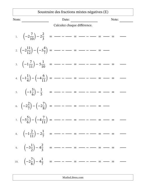 Soustraire des fractions mixtes négatives avec dénominateurs différents jusqu'aux douzièmes, résultats sous fractions mixtes et sans simplification (Remplissable) (E)