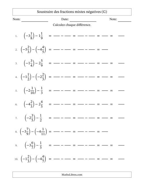 Soustraire des fractions mixtes négatives avec dénominateurs différents jusqu'aux douzièmes, résultats sous fractions mixtes et sans simplification (Remplissable) (G)