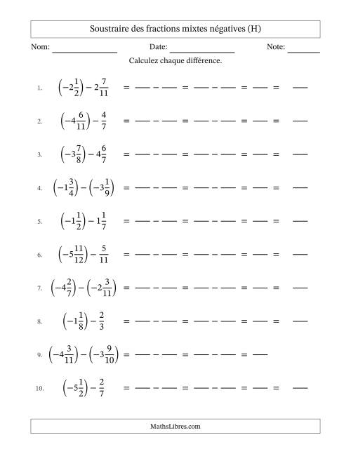 Soustraire des fractions mixtes négatives avec dénominateurs différents jusqu'aux douzièmes, résultats sous fractions mixtes et sans simplification (Remplissable) (H)