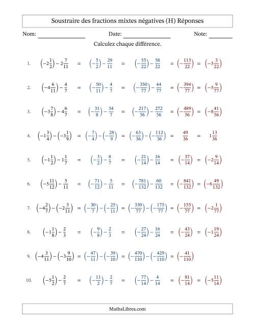 Soustraire des fractions mixtes négatives avec dénominateurs différents jusqu'aux douzièmes, résultats sous fractions mixtes et sans simplification (Remplissable) (H) page 2