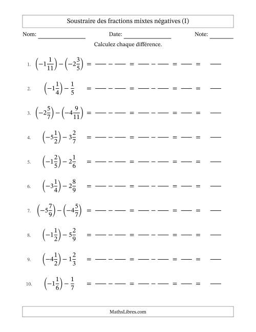 Soustraire des fractions mixtes négatives avec dénominateurs différents jusqu'aux douzièmes, résultats sous fractions mixtes et sans simplification (Remplissable) (I)