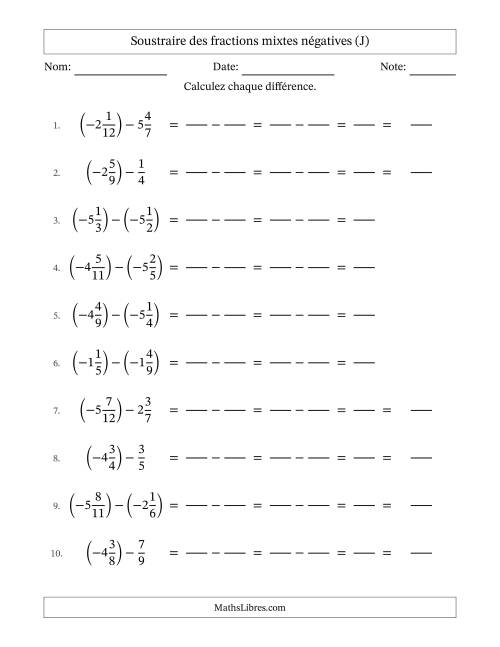 Soustraire des fractions mixtes négatives avec dénominateurs différents jusqu'aux douzièmes, résultats sous fractions mixtes et sans simplification (Remplissable) (J)