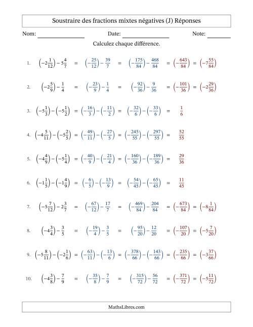 Soustraire des fractions mixtes négatives avec dénominateurs différents jusqu'aux douzièmes, résultats sous fractions mixtes et sans simplification (Remplissable) (J) page 2