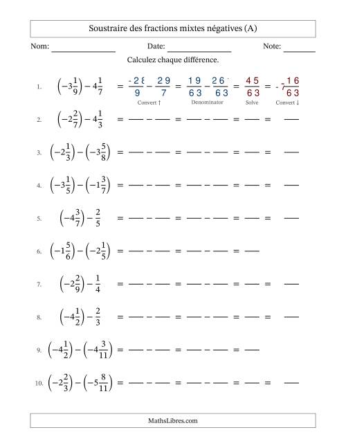 Soustraire des fractions mixtes négatives avec dénominateurs différents jusqu'aux douzièmes, résultats sous fractions mixtes et sans simplification (Remplissable) (Tout)