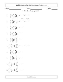 Multiplier des fractions propres négatives avec dénominateurs jusqu'aux sixièmes, résultats sous fractions propres et quelque simplification (Remplissable)
