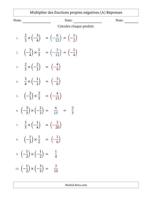 Multiplier des fractions propres négatives avec dénominateurs jusqu'aux sixièmes, résultats sous fractions propres et quelque simplification (Remplissable) (A) page 2