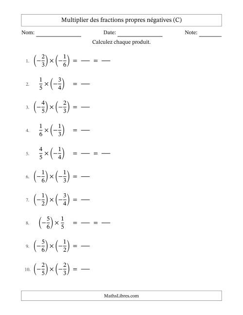 Multiplier des fractions propres négatives avec dénominateurs jusqu'aux sixièmes, résultats sous fractions propres et quelque simplification (Remplissable) (C)
