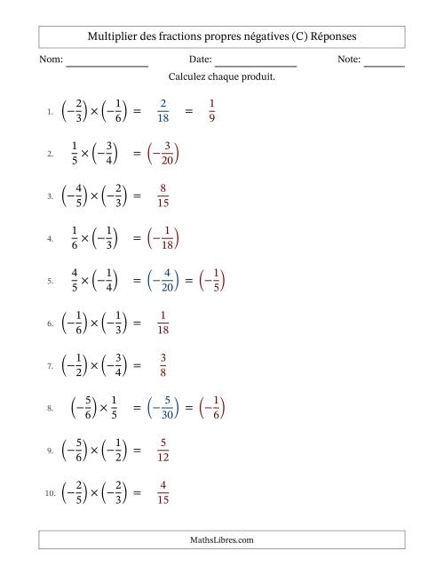 Multiplier des fractions propres négatives avec dénominateurs jusqu'aux sixièmes, résultats sous fractions propres et quelque simplification (Remplissable) (C) page 2