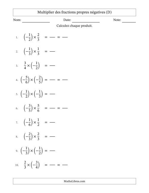 Multiplier des fractions propres négatives avec dénominateurs jusqu'aux sixièmes, résultats sous fractions propres et quelque simplification (Remplissable) (D)