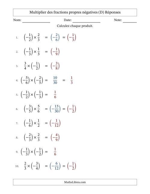 Multiplier des fractions propres négatives avec dénominateurs jusqu'aux sixièmes, résultats sous fractions propres et quelque simplification (Remplissable) (D) page 2